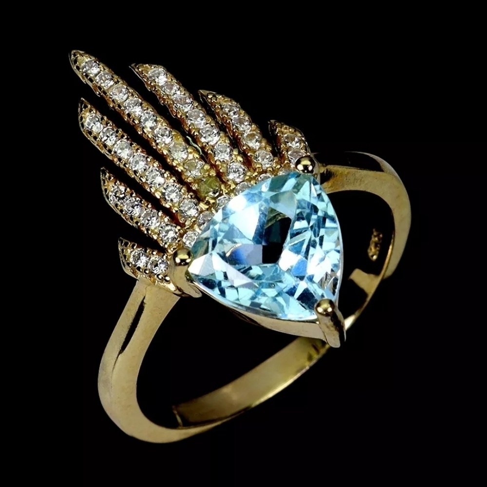 925 Sterling Silver Ring Trilliant Blue Topaz 8mm Natural Gemstone US Size 9